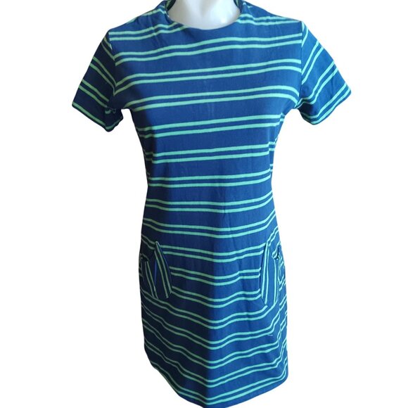 Vintage Shirt Dress 60's Medium Blue Green Striped Pockets Back Zipper Sock Hop - Picture 1 of 7